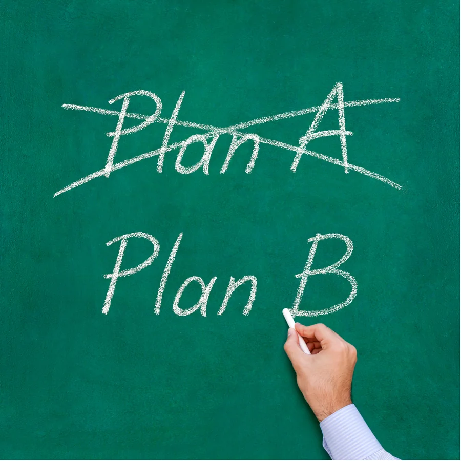 Eine Hand streicht auf einer Tafel Plan A durch und schreibt darunter Plan B