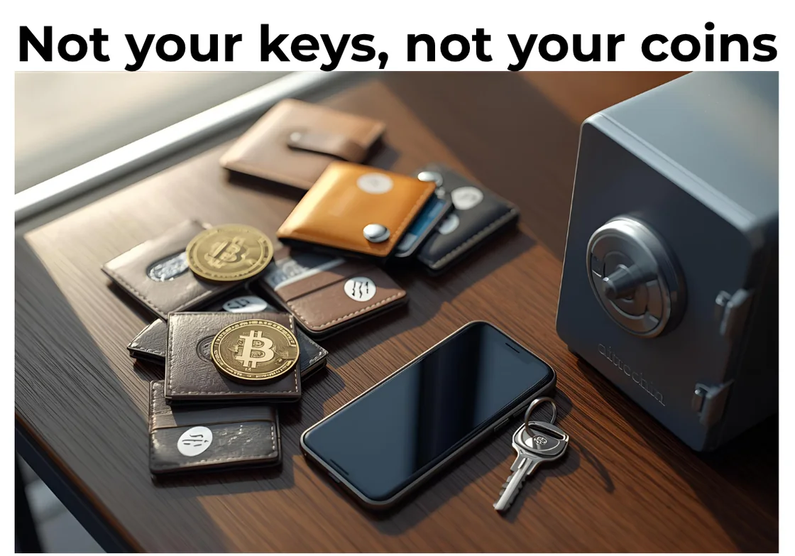 Mehrere Geldbörsen mit Krypto-Münzen neben einem Tresor und einem Smartphone mit Schlüssel, überschrieben mit Not your keys, not your coins