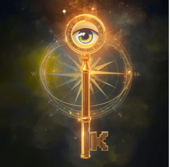 Goldener Schlüssel mit Auge und Kompassrose als Sinnbild für Wissen als Zugang